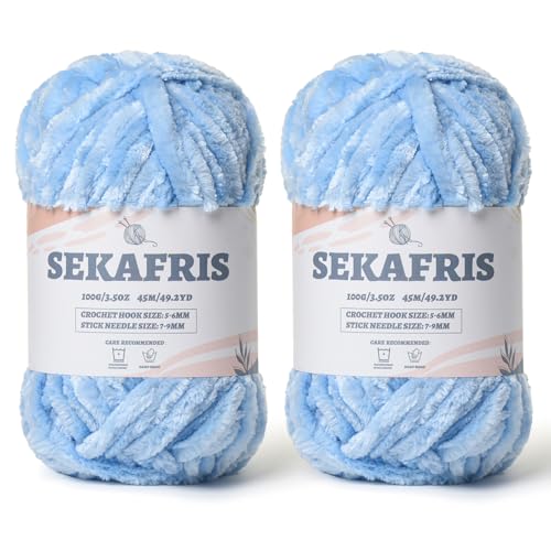 Image of Chenille Velvet Soft Yarn Azure 2 Pack | 200g /98.4yds Fuzzy Chunky Chenille Yarn for Crocheting Plush Yarn for Hand Knitting Amigurumi Fluffy Yarn