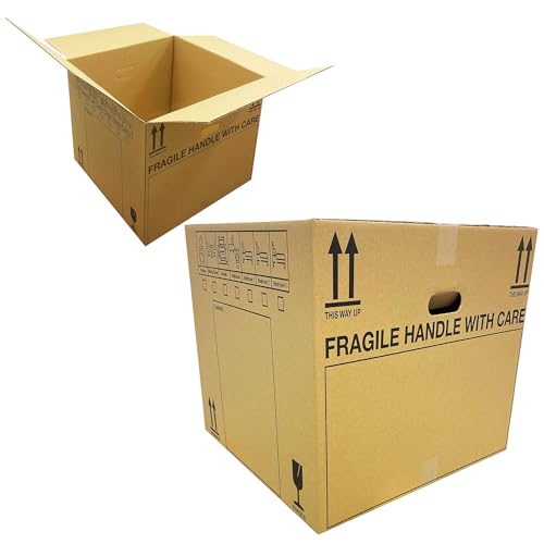 10 x PRINTED EXTRA LARGE Cardboard Boxes with Carry Handles Storage Packing Moving House Box 53cm x 53cm x 41cm 115 Litres