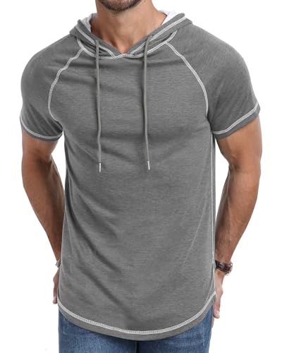 Aiyino Men's Short Sleeve Hoodie Workout Gym Sweatshirt Muscle Fit Fashion Athletic Hoodies Pullover Cotton Hooded T-Shirts L Dark Gray