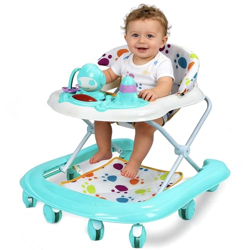 Vlocky Baby Walker Foldable Baby Walker with Wheels Removable Musical Play Tray 5 Levels Height Adjustable Easy to Clean Walker for Girls Boys 6-18 Months