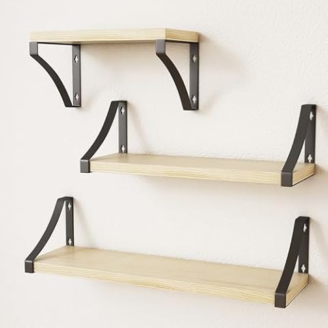 3 Wooden Floating Shelves with Metal Brackets Cover