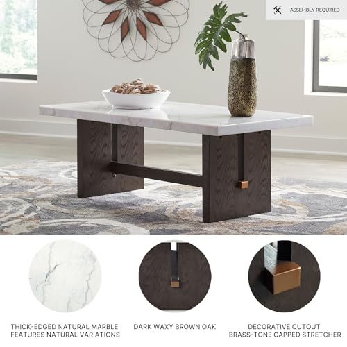 Signature Design by Ashley Burkhaus Traditional Rectangular Coffee Table with Marble Tabletop, Dark Brown & White - Image 5