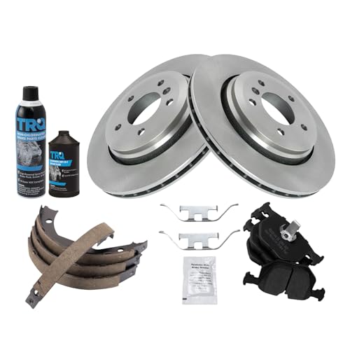 Image of TRQ Rear Brake Pad & Rotor Kit, with Chemical Kit Parking Brake Shoe Set Semi-Metallic Compatible with 2001-2006 BMW 330Ci 2001-2005 330i 330xi