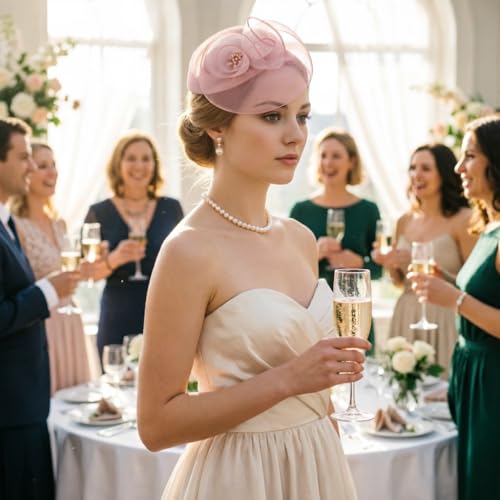 Image of DRESHOW Fascinator Hats for Women Cocktail Tea Party Hat Netted Pillbox Hat Vintage Derby Hats for Bridal Wedding