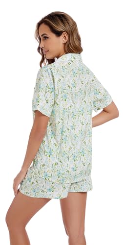 Image of LUBOT 100% Cotton Pajamas for Women 2 Piece PJ Set Poplin Woven Lightweight Ladies Button Short Sleeve Sleepwear S-XXL