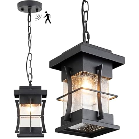 EERU Motion Outdoor Pendant Light Fixture with Dusk to Dawn Sensor Exterior Hanging Lantern with Adjustable Chain Black with Seeded Glass Outside Lights for House Patio Front Porch Lighting Cover