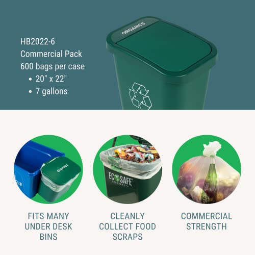 Image of EcoSafe-6400 HB2022-6 Certified Compostable Bag - 20x22 inch Green Bags for 7 Gallon Bin - Extra Strong Leak, Puncture and Tear Resistant Food Scraps Bin Liners, Pack of 600