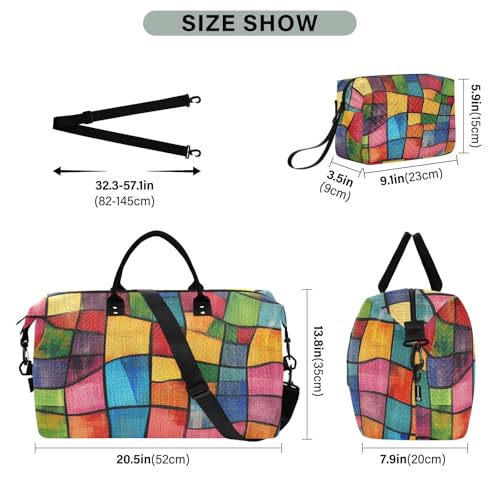 Bolaz Duffle Bag for Travel-Colorful Geometry Weekender Overnight Bag with Wet Pocket for Women，Large Carry On Airport Bag with Toiletry Bag3