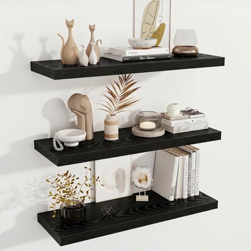 Image of Fun Memories Deep Floating Shelves, 36 inch W x 12 inch D Wood Floating Shelves for Wall, 3 Pack Extra Deeper & Thicker Wall Mounted Storage Shelf for Living Room Laundry Room Kitchen Home Office, Black