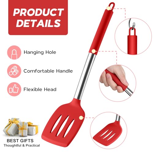 Onader 15 Pcs Silicone Cooking Utensils Set, Red Kitchen Utensils Spatula Set with Holder, Large Kitchen Gadgets Tools for Nonstick Cookware