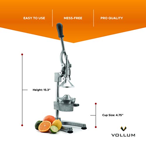 Vollum Hand Press Manual Citrus Juicer - Citrus Squeezer Commercial Grade Home Orange Juice Squeezer For Oranges, Lemons, Limes - Stainless Steel And Cast Iron Non-Skid Suction Cup Base- 15 Inch, Gray #TOP3