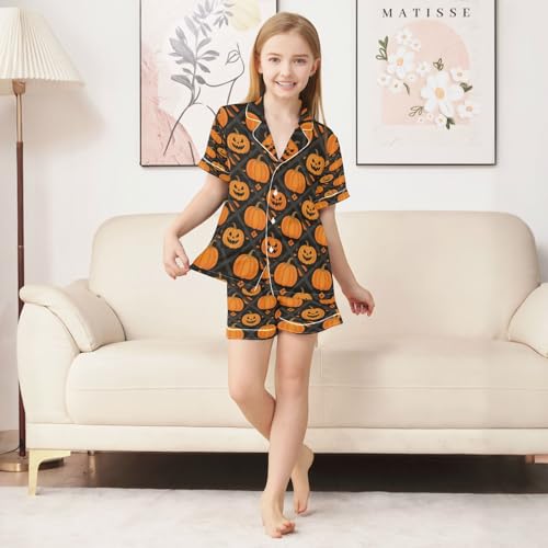 Satin Pajama Sets Short Sleeve Halloween Pumpkins on Black Button Down Silky Nightwear 2 Piece PJS 5-14Y3