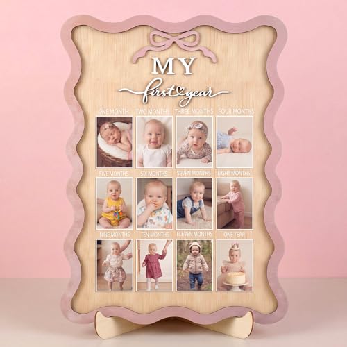 Quzzil Pink Bow My First Year Photo Board Scalloped One Year Birthday Wooden Picture Frame 12 Monthly Milestone Photo Frame 16.5 x 11.8 Baby 1st Birthday Decoration Gift for Baby Girls Keepsake Girls