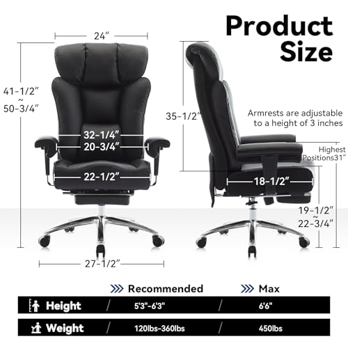 Image of Efomao Big and Tall Executive Office Chair 450lbs,Black | 5.9 inch Thick Pocket Spring Cushion, Reclining Breathable PU Leather Desk Chair with Foot Rest, Soft Comfortable Support