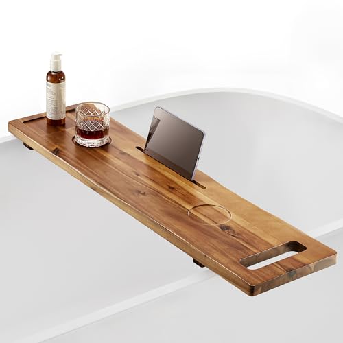 Tinamo Acacia Bathtub Caddy Tray Table | 39 x 9.75 x 2.5 Inch Large Bath Tub Tray Wooden | Anti-Tipping, Sustainable Tub Tray for Bathtub | Bathtub Accessories Holders for Bathtub (Acacia, 39x9.75)