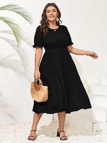SCOMCHIC Womens Plus Size Summer Dresses 2025 Casual Puff Short Sleeve Crewneck Smocked Flowy Ruffle Boho Party Maxi Dress2