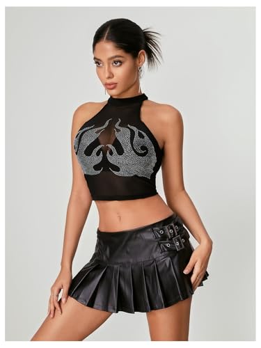 WDIRARA Women's Rhinestone Mesh Crop Top See Through Halterneck Y2k Rave Tank Top3