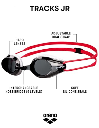 Image of ARENA Tracks Unisex Junior Youth Essential Racing Swim Goggles Kids Swimmers Young Racers Anti-Fog Coated Non-Mirror Lens, Smoke /White /Red