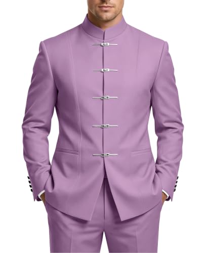 LAYEREDJPXZV Lavender Suits for Men 2 Piece Slim Fit Chinese Tunic Suit for Men's Mandarin Collar Suits with Metal Clasp Lavender Mens Suit Wedding Prom Business 2XL