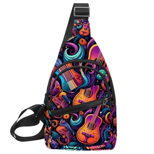 Mochila sling multicolor con correa ajustable e ilustraciones musicales creativas