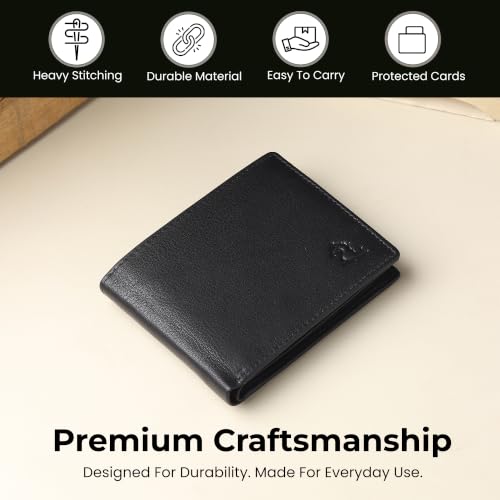 Image of KARA Black Men's Genuine Leather Wallet - Bifold, 2 Cash Compartments, Coin Pocket, 10+ Card Slots, Hidden & Transparent Flip Sections