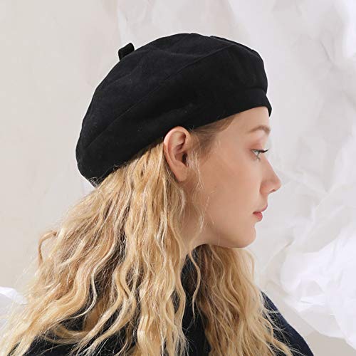 Bonnet tricoté béret noir femme chapeau de peintre rétro hiver octogonal sauvage