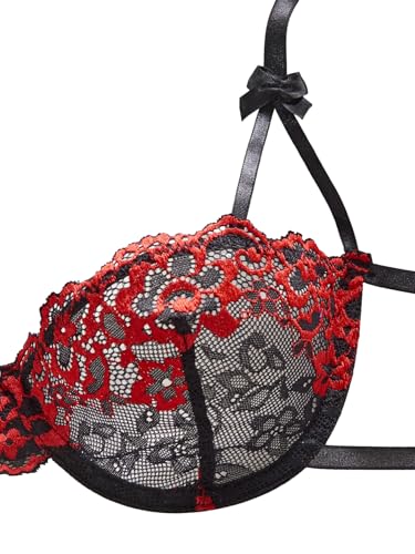Image of Lilosy Sexy Tie Side Cute Underwire Push Up Strappy Embroidered Mesh Sheer Lingerie Set Women See Through Bra and Panty 2 Piece Bow Red Black Small