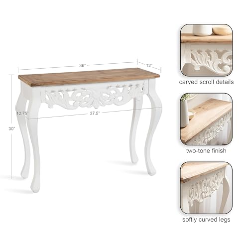 Image of Wooden Carved Console Table in Solid Mango Wood with Antique White Distress Finish for Livingroom, Hall, Enterway, Office Size 30 * 36 * 15 Inch (Distress)