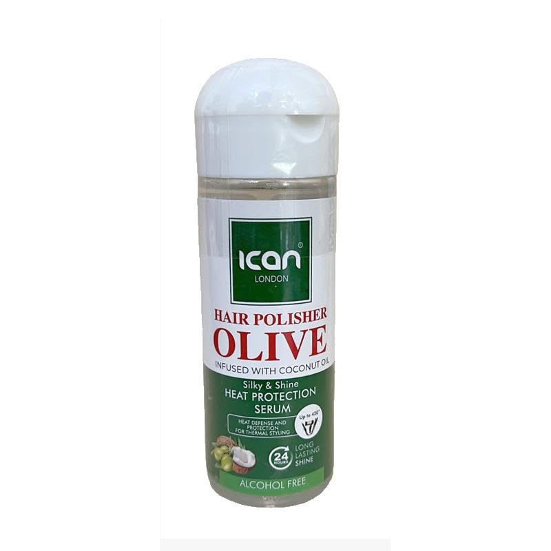 ican London Hair Polisher Olive Oil Infused With Coconut Oil Heat protection Serum Alcohol Free 207ml, 207 ml (Pack of 1)