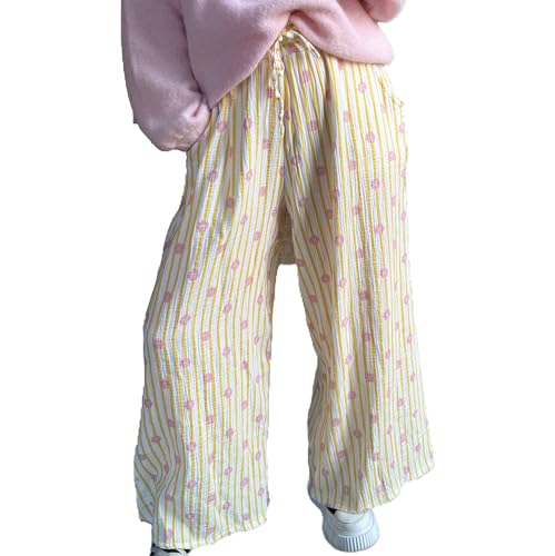 Women's Cotton Boho Chic Cropped Trousers Striped Floral Print Loose-Fit Pants Summer Casual Pants