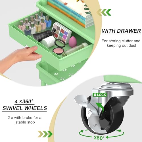 Yeabett 3 Tier Craft Trolley, Storage Trolley On Wheels Utility Cart With Drawer for Kitchen Bathroom, Office, Living Room, Green - Image 2