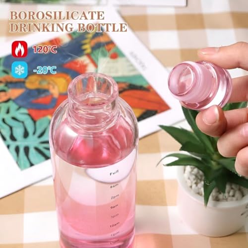 Image of Borosilicate Glass Water Bottles with Cap, Transparent Water Bottle 1000ML Glass Motivational Bottle with Time Marker Cute Glass Milk Juice Drinking Bottles for Women - Pink
