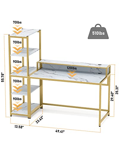 Image of Teraves Computer Desk with 5 Tier Shelves,Reversible Writing Desk with Storage 49 Inch Study Table for Home Office Independent Bookcase and Desk for Multiple Scenes (White Marbling+ Gold Frame)