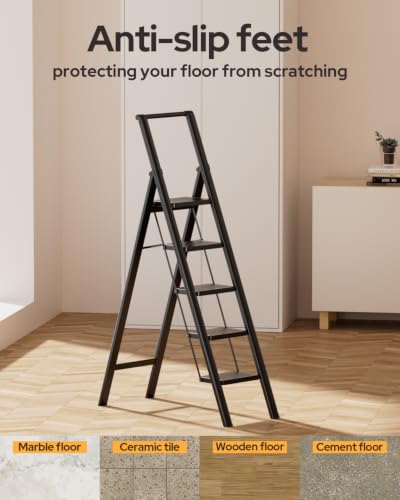 Image of 5 Step Ladder Folding Step Stool Stepladders with Anti-Slip and Wide Pedal for Home and Kitchen Use Space Saving (Black)