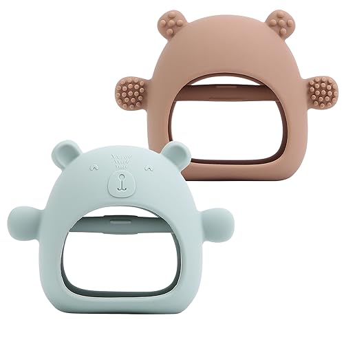 Image of AULEGE 2 Pack Silicone Baby Teether Toy for Infants 3+ Months, Anti-Drop Silicone Baby Mitten Teether for Soothing Teething Pain Relief, Baby Chew Toys for Sucking Needs, (Moody Blue, Camamel)