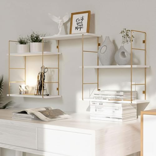 Image of Floating Shelves for Living Room Bedroom Bathroom Kitchen White Rustic Wood Wall Mounted Shelves with Metal Brackets, Storage Shelves for Wall Decor Set of 6-White