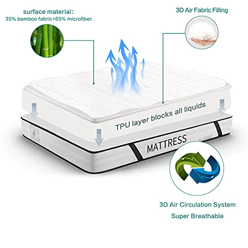 Queen Size Bamboo Mattress Protector Waterproof 3D Air Fabric Super Soft Breathable Cooling Noiseless Fitted Mattress Pad Cover (Queen) - Thumbnail 3