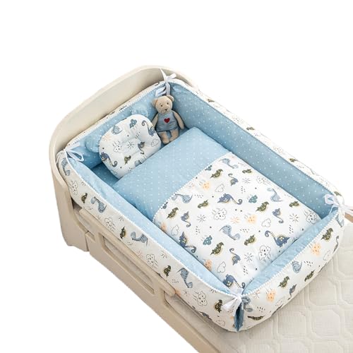 ベビーベッド 新生児 携帯型 ベビーベッド ベビーベッド 添い寝 赤ちゃん 寝具 持ち運び便利 折り畳み式 通気性 軽量 洗濯でき 掛布団付き枕付き 綿 (青い水玉模様の恐竜,100*60*20cm)