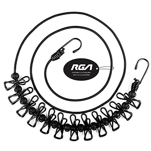 Portable Clothesline with 12 Clothespins, Windproof Travel Clothesline Stretchy Elastic for Outdoor Camping,Vacation Hotel,Balcony,Backyard (Black)