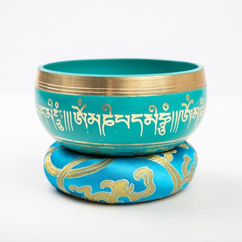 Image of Tibetan Singing Bowl Set - 4 inch Easy To Play Authentic Handmade For Meditation Sound 7 Chakra Healing By HIMALAYAN BAZAAR (Turquoise Blue, 4 inch)
