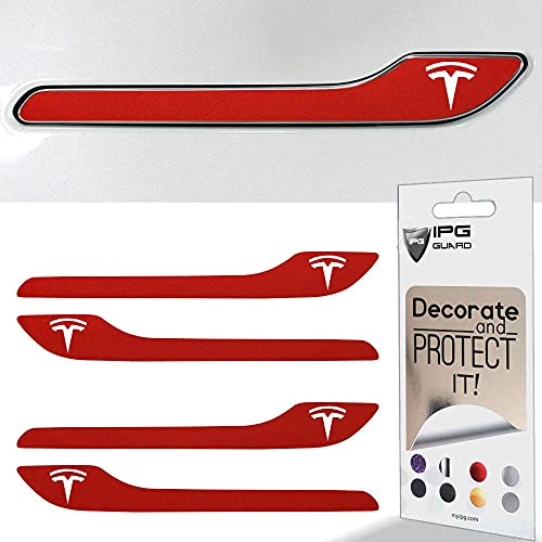 Image of IPG Compatible for Model 3 / Model Y /Juniper Door Handle Decal Sticker Wrap Kit (Set of 4) with Tesla Logo Personalize Your Tesla (Pearl Red Multi-Coat)