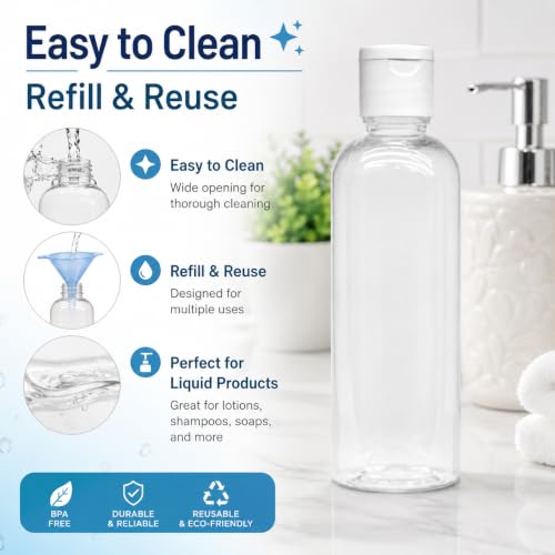 Image of MAPPERZ Empty Clear Refillable Bottles Travel Size, Cosmetic Containers Small Leak Proof Squeeze Bottles with White Flip Top Cap for Toiletries, Shampoo, Round, 100ml, Pack of 6
