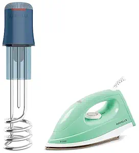 Havells Immersion heater HP15 Auto 1500 Watt (Blue) & Havells D'zire 1000 watt Dry Iron With American Heritage Sole Plate, Aerodynamic Design, Easy Grip Temperature Knob & 2 years Warranty. (Mint)