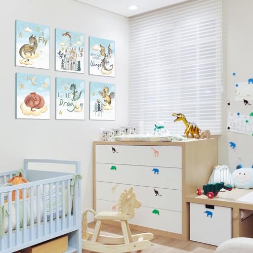 Image of CHDITB Dinosaur Canvas Wall Art Nursery Wall Decor, Set of 6(8x10 inch) Cute Dream Dinosaur Cub Framed Art Prints, Baby Dinosaurs Cartoon Castle Animals Poster For Children's Boy Kids Room Bedroom