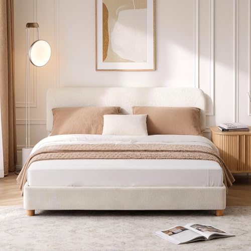 BERRY NEST Full Size Cloud Bed Frame, Upholstered Boucle Bed Frame with Adjustable Headboard, Solid Wood Legs, Rounded Corners Design & Easy Assembly – Modern Platform Bed,Cream