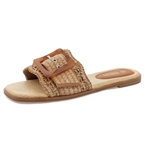 Rihero Women's Raffia Flat Sandals Square Open Toe Summer Beach Slip On Woven Buckle Slide Sandals