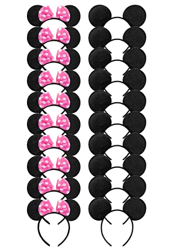 CHuangQi 20 pcs Mouse Ears Headband Solid Black Ears & Pink Bow with Polka Dots, Hair Accessories for Boys & Girls Birthday Party