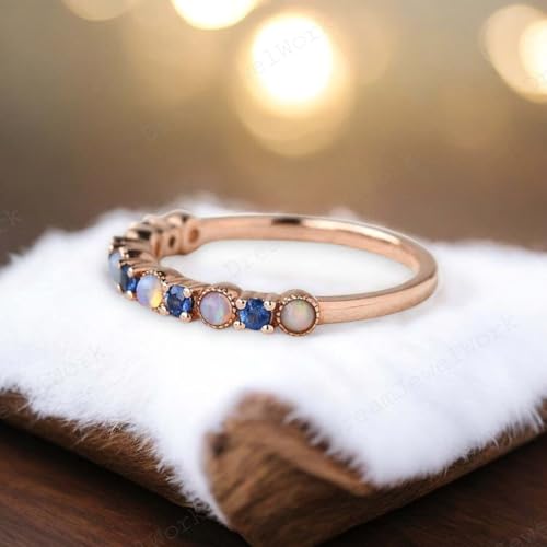 Fire Opal Sapphire Wedding Band Blue Sapphire Half Eternity Ring Dainty Opal Stacking Ring Vintage Stackable Ring Women Anniversary Ring Valentine Day Gift For Her4