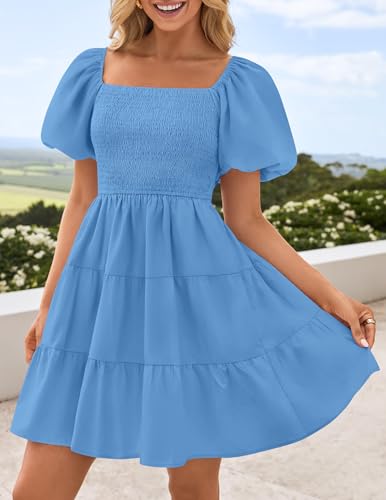 Image of ZESICA Women's Boho 2026 Summer Square Neck Puff Sleeve Off Shoulder Smocked Tiered Casual A Line Short Mini Dress