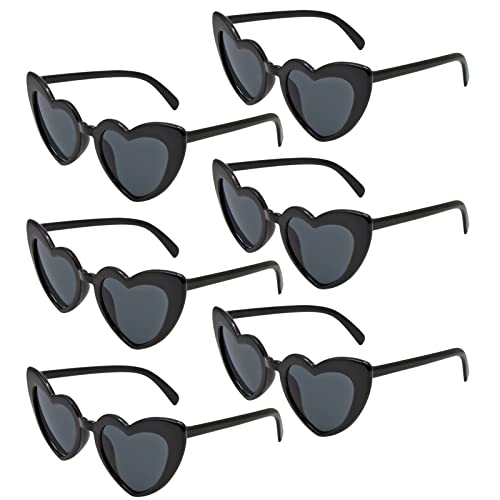 ANLIOTO Lot de 6 lunettes de soleil en forme de cœur vintage pour femme, lunettes hippie années 90, accessoires de costume pour vacances, fête, mariage, carnaval, Halloween, Noël (noir)